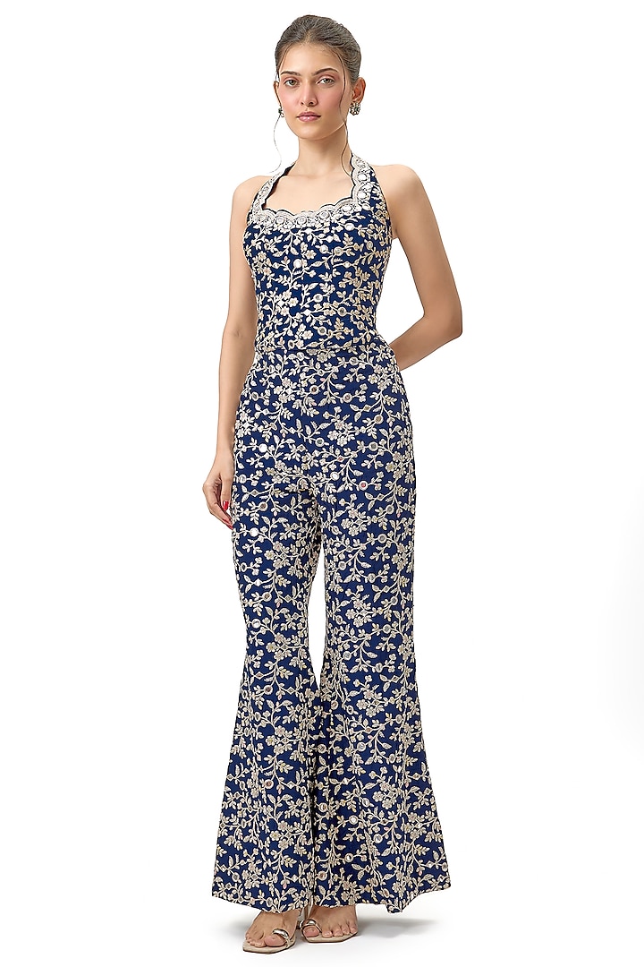 Blue Tussar Jaal Work Wide-Legged Pant Set by GOPI VAID at Pernia's Pop Up Shop