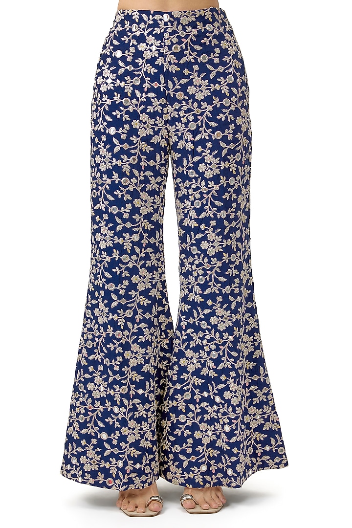 Blue Tussar Jaal Work Wide-Legged Pant Set by GOPI VAID at Pernia's Pop Up Shop