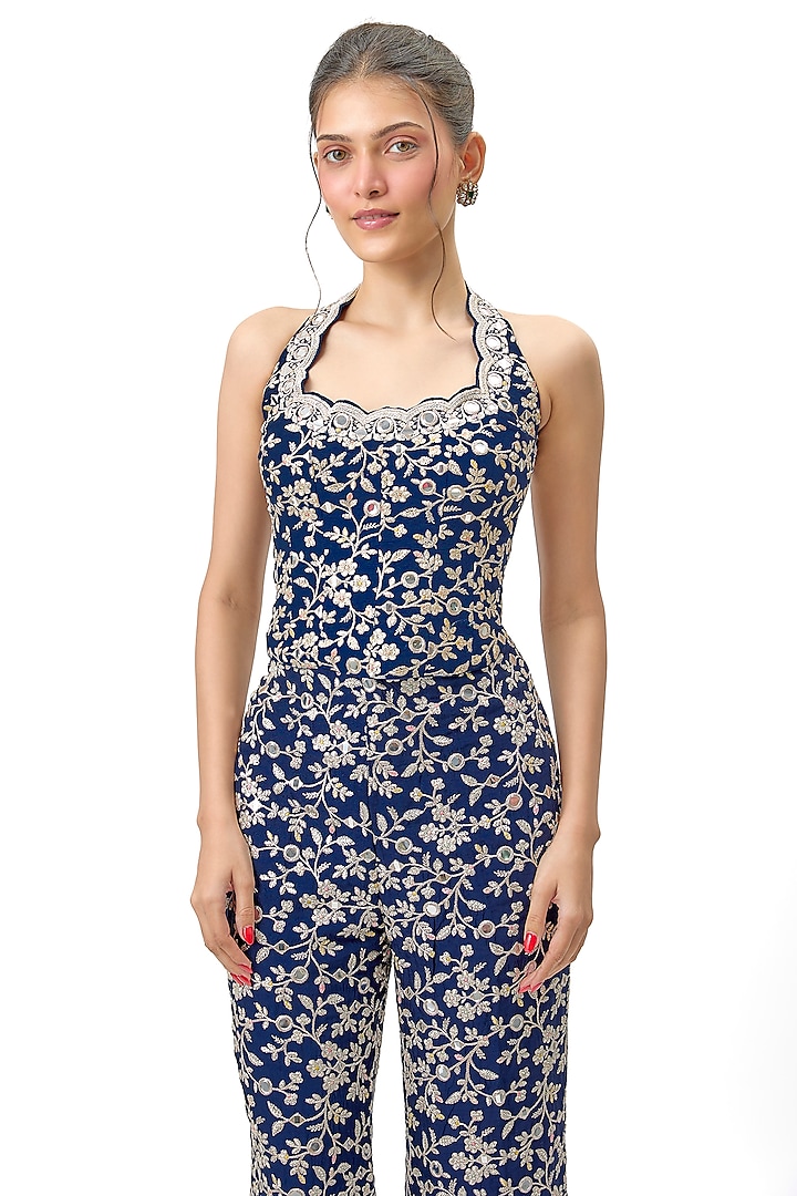 Blue Tussar Jaal Work Wide-Legged Pant Set by GOPI VAID at Pernia's Pop Up Shop