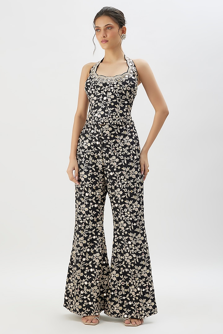 Black Tussar Mirror Embroidered Co-Ord Set by GOPI VAID at Pernia's Pop Up Shop