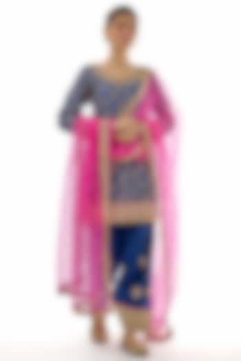 Blue Tussar Embroidered Kurta Set by GOPI VAID at Pernia's Pop Up Shop