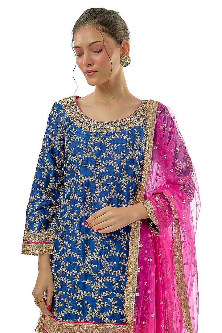 Blue Tussar Embroidered Kurta Set by GOPI VAID at Pernia's Pop Up Shop