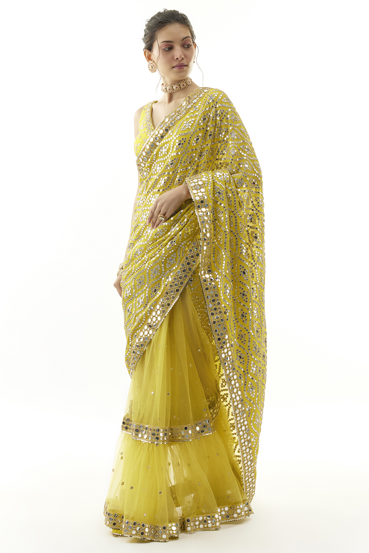 Yellow Net Mirror Embellished Saree Set by Gopi Vaid at Pernia's Pop Up Shop