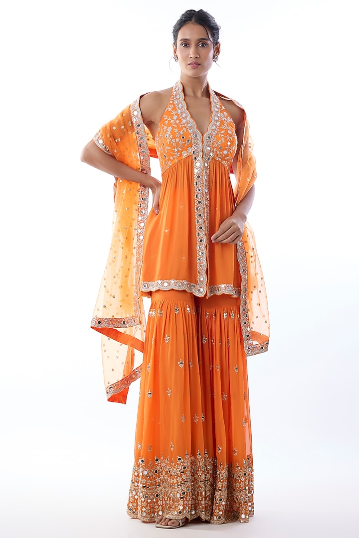 Orange Georgette Embroidered Wedding Sharara Set by Gopi Vaid at Pernia's Pop Up Shop