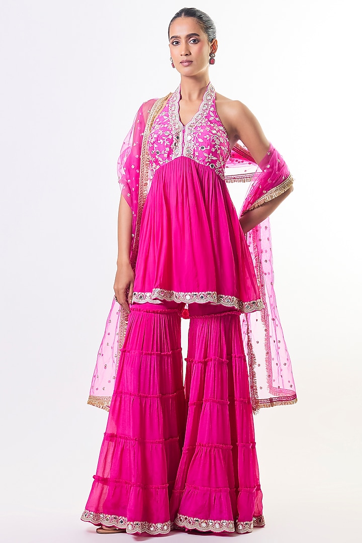 Rani Pink Chiffon Mirror Embroidered Tiered Wedding Sharara Set by GOPI VAID at Pernia's Pop Up Shop