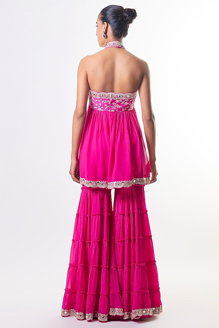 Rani Pink Chiffon Mirror Embroidered Tiered Wedding Sharara Set by GOPI VAID at Pernia's Pop Up Shop