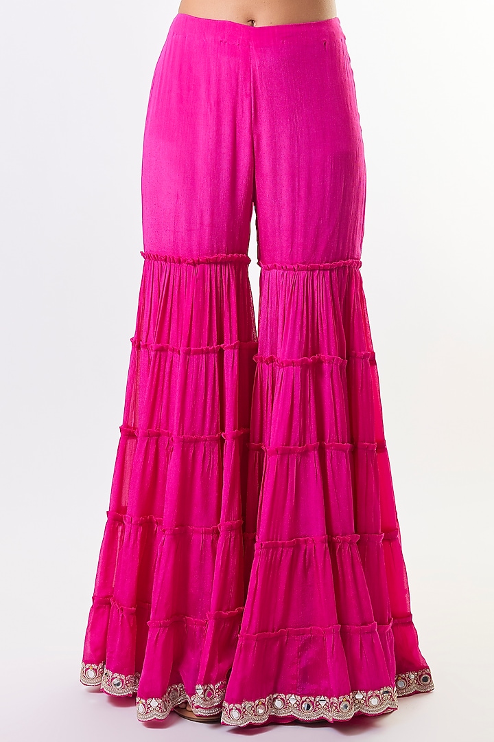 Rani Pink Chiffon Mirror Embroidered Tiered Wedding Sharara Set by GOPI VAID at Pernia's Pop Up Shop