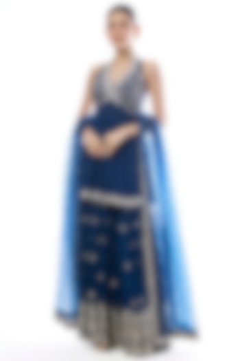 Blue Georgette Embroidered Wedding Sharara Set by GOPI VAID at Pernia's Pop Up Shop