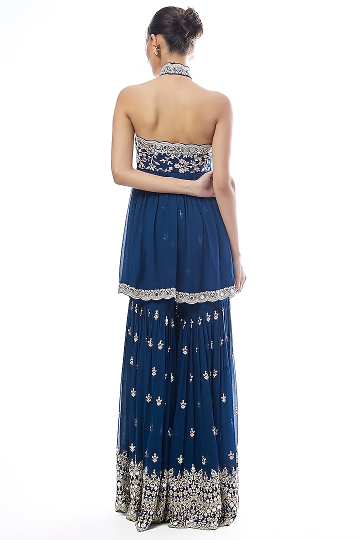 Blue Georgette Embroidered Wedding Sharara Set by GOPI VAID at Pernia's Pop Up Shop