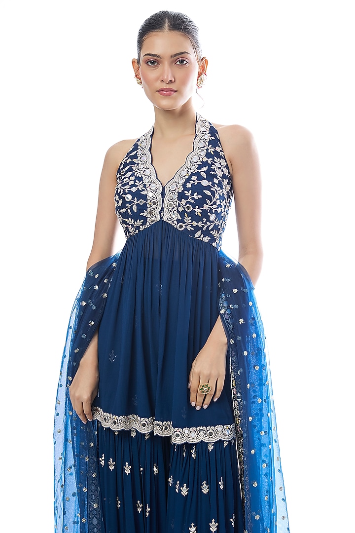 Blue Georgette Embroidered Wedding Sharara Set by GOPI VAID at Pernia's Pop Up Shop