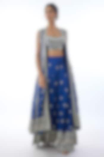 Blue Tussar Mirror Hand Embellished Jacket Set by Gopi Vaid at Pernia's Pop Up Shop