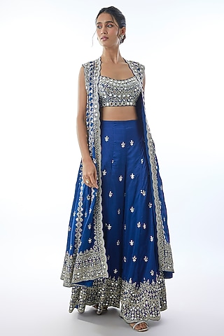 Blue Tussar Mirror Hand Embellished Jacket Set by Gopi Vaid