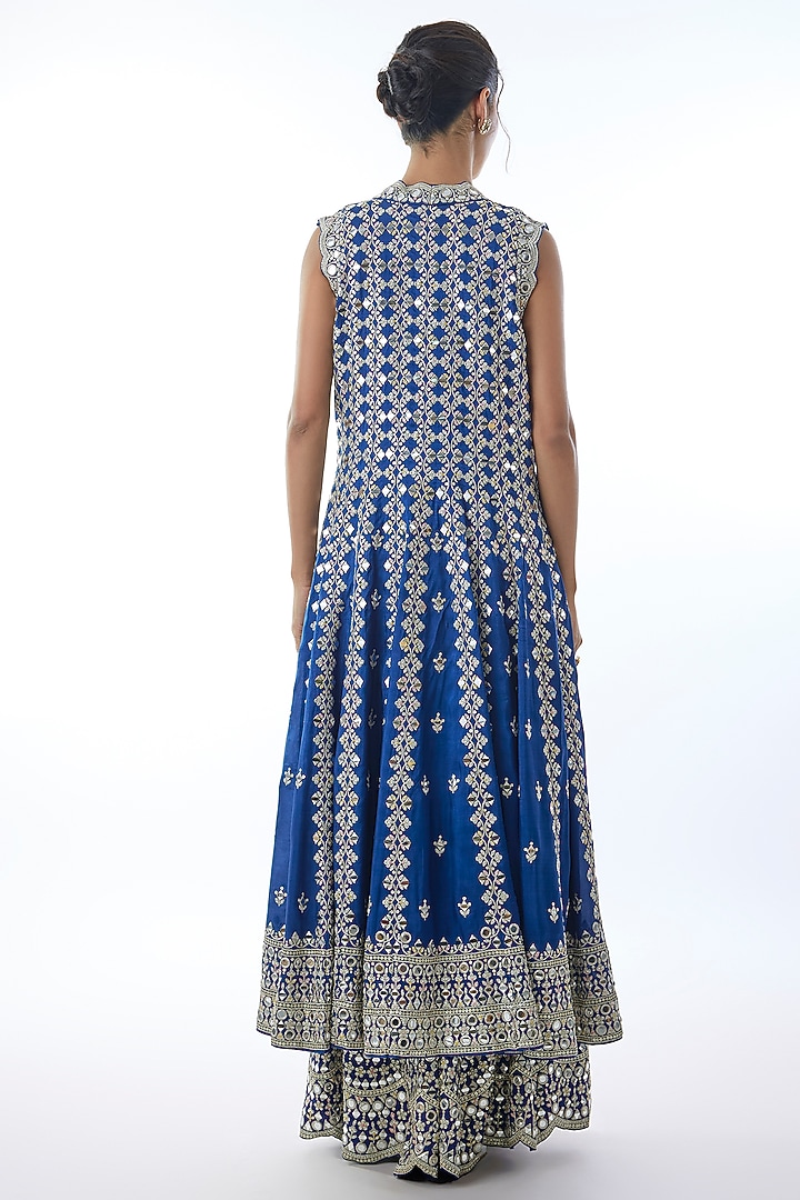 Blue Tussar Mirror Hand Embellished Jacket Set by Gopi Vaid at Pernia's Pop Up Shop