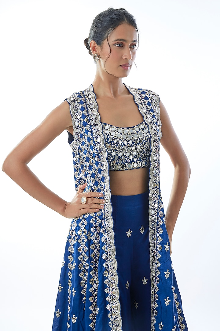 Blue Tussar Mirror Hand Embellished Jacket Set by Gopi Vaid at Pernia's Pop Up Shop