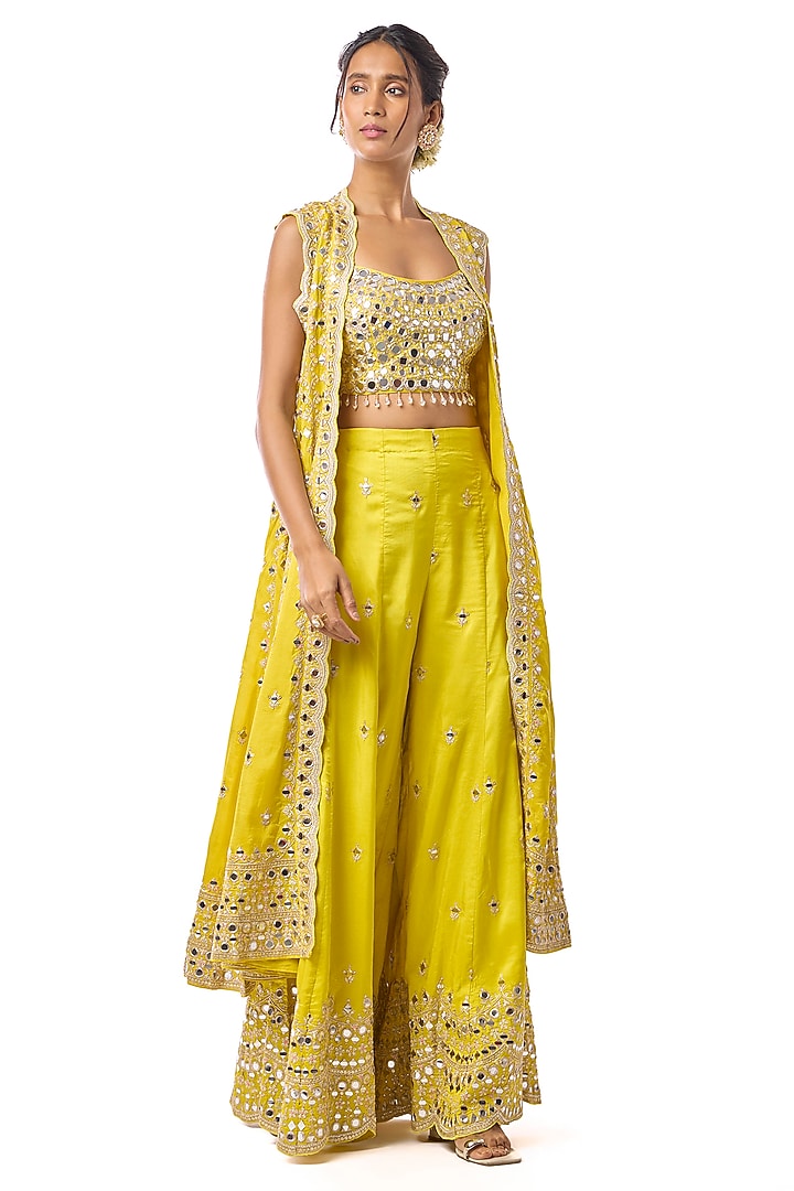 Yellow Tussar Mirror Embroidered Palazzo Pant Set by GOPI VAID at Pernia's Pop Up Shop