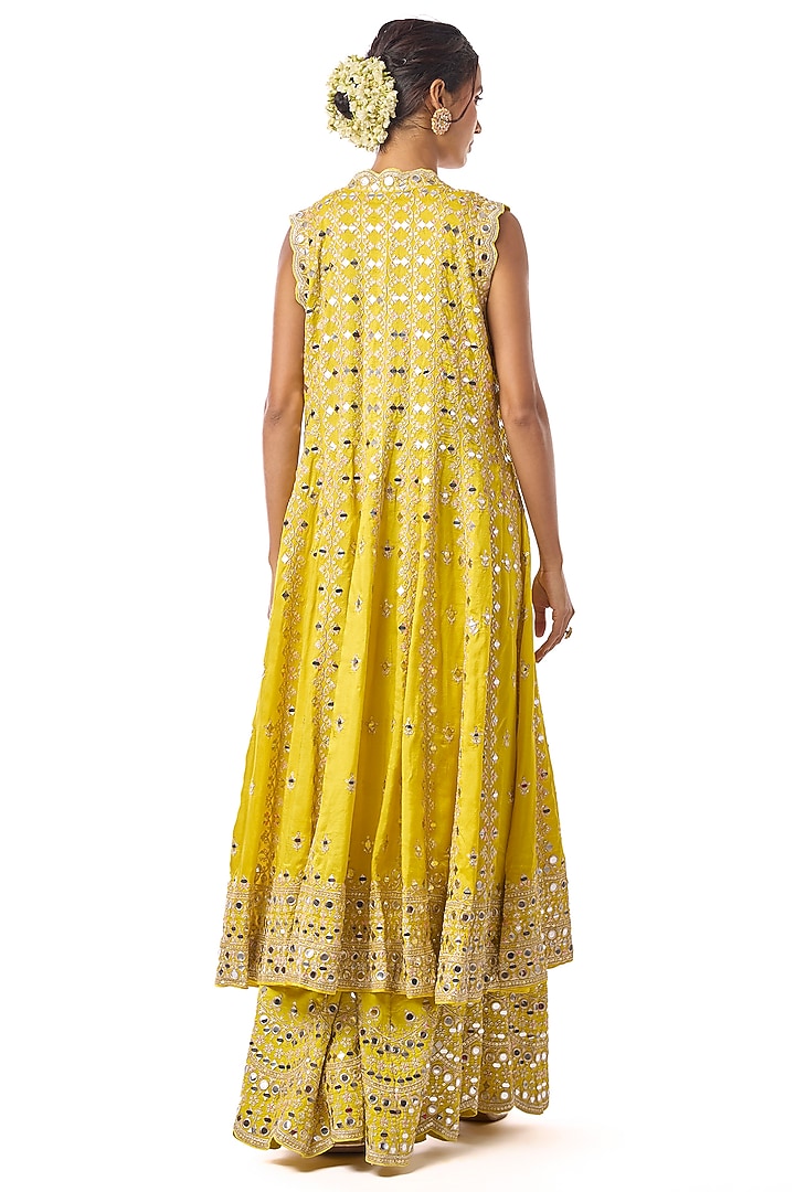 Yellow Tussar Mirror Embroidered Palazzo Pant Set by GOPI VAID at Pernia's Pop Up Shop