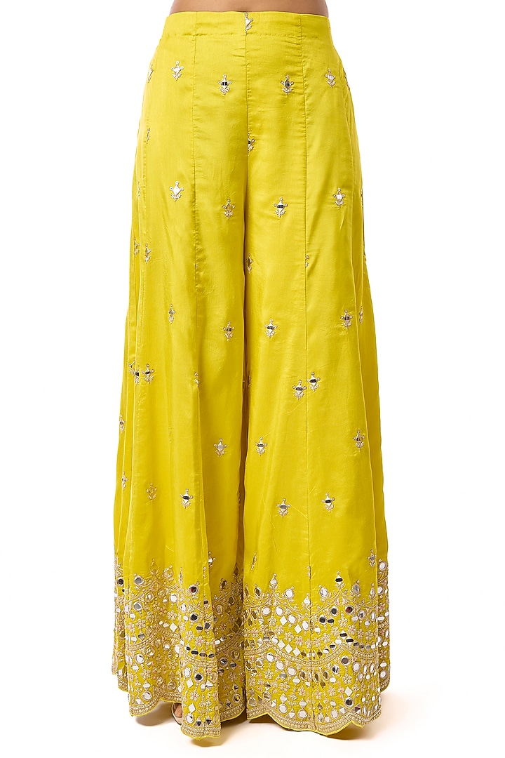 Yellow Tussar Mirror Embroidered Palazzo Pant Set by GOPI VAID at Pernia's Pop Up Shop