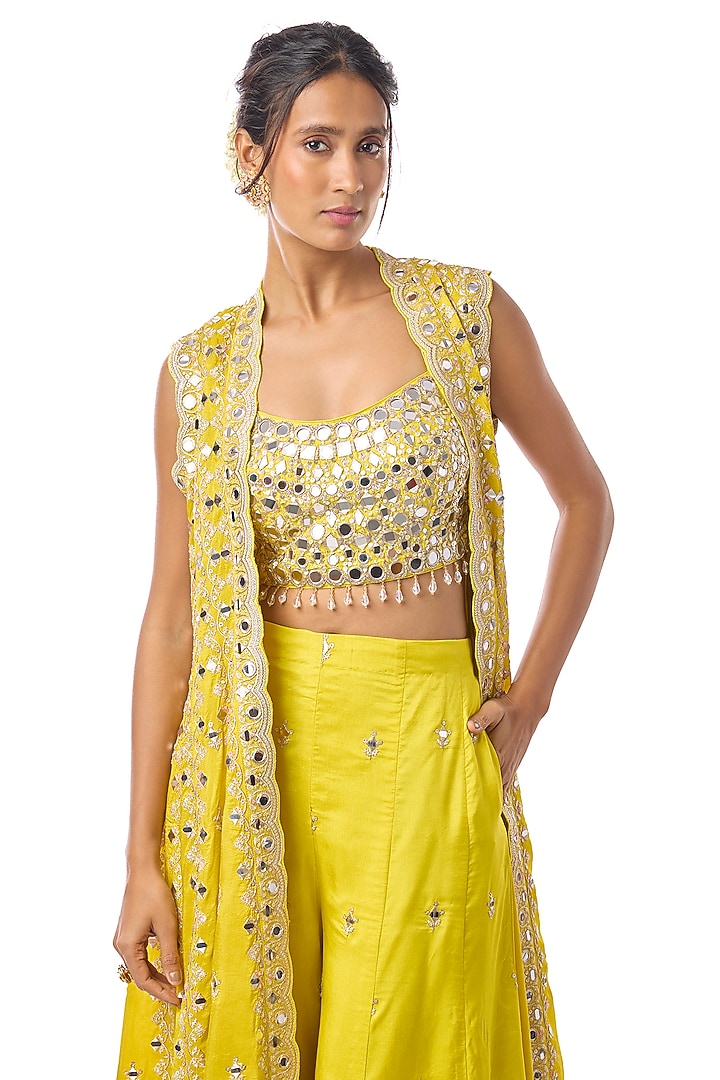 Yellow Tussar Mirror Embroidered Palazzo Pant Set by GOPI VAID at Pernia's Pop Up Shop