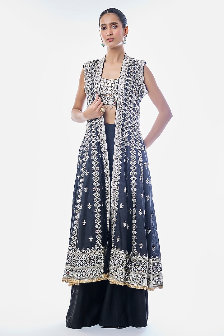 Black Tussar Embellished Jacket Set by GOPI VAID at Pernia's Pop Up Shop