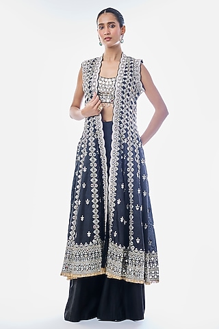 Black Tussar Embellished Jacket Set by GOPI VAID