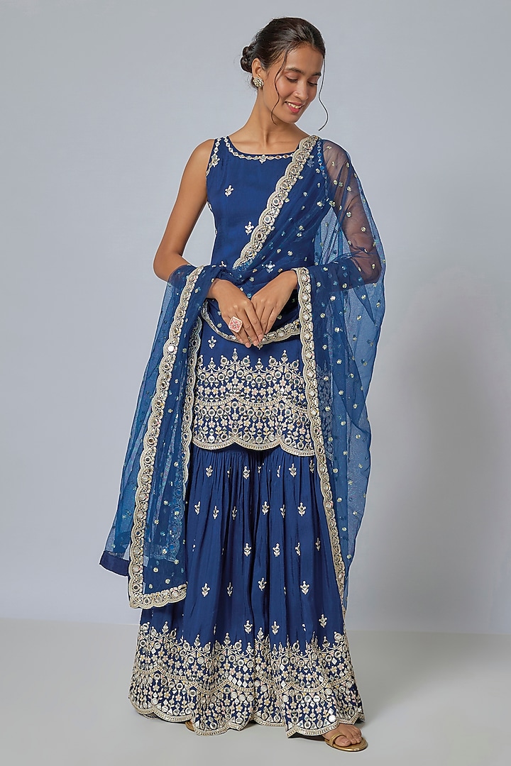 Blue Tussar Embroidered Sharara Set by GOPI VAID at Pernia's Pop Up Shop