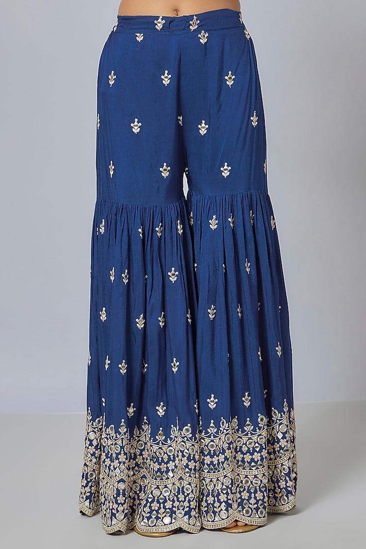 Blue Tussar Embroidered Wedding Sharara Set by GOPI VAID at Pernia's Pop Up Shop