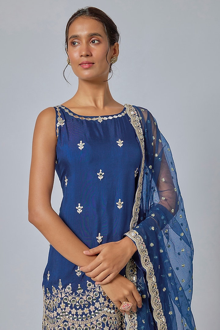 Blue Tussar Embroidered Wedding Sharara Set by GOPI VAID at Pernia's Pop Up Shop