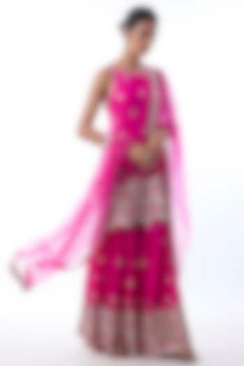 Pink Tussar Embroidered Wedding Sharara Set by Gopi Vaid at Pernia's Pop Up Shop
