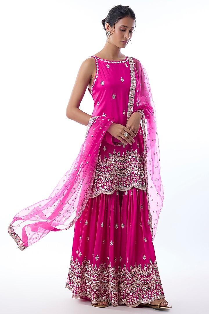 Pink Tussar Embroidered Wedding Sharara Set by Gopi Vaid at Pernia's Pop Up Shop