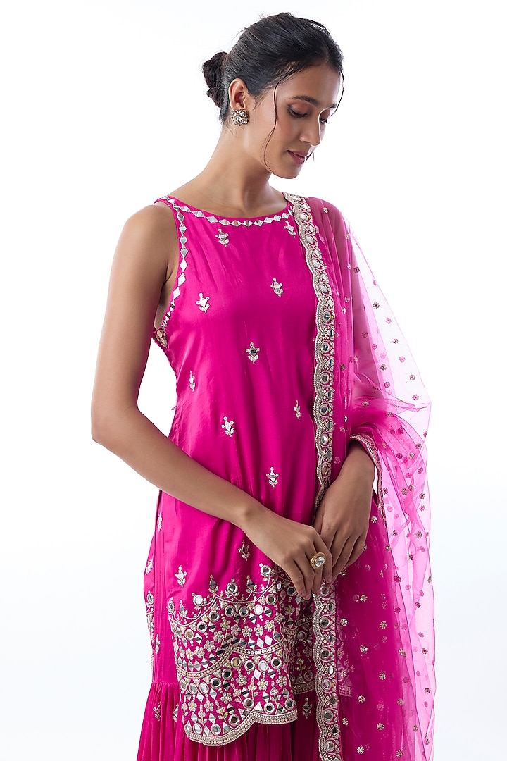 Pink Tussar Embroidered Wedding Sharara Set by Gopi Vaid at Pernia's Pop Up Shop