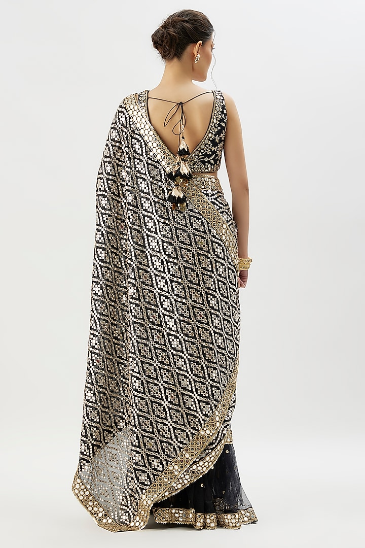Black Net Mirror Embellished Wedding Saree Set by GOPI VAID at Pernia's Pop Up Shop