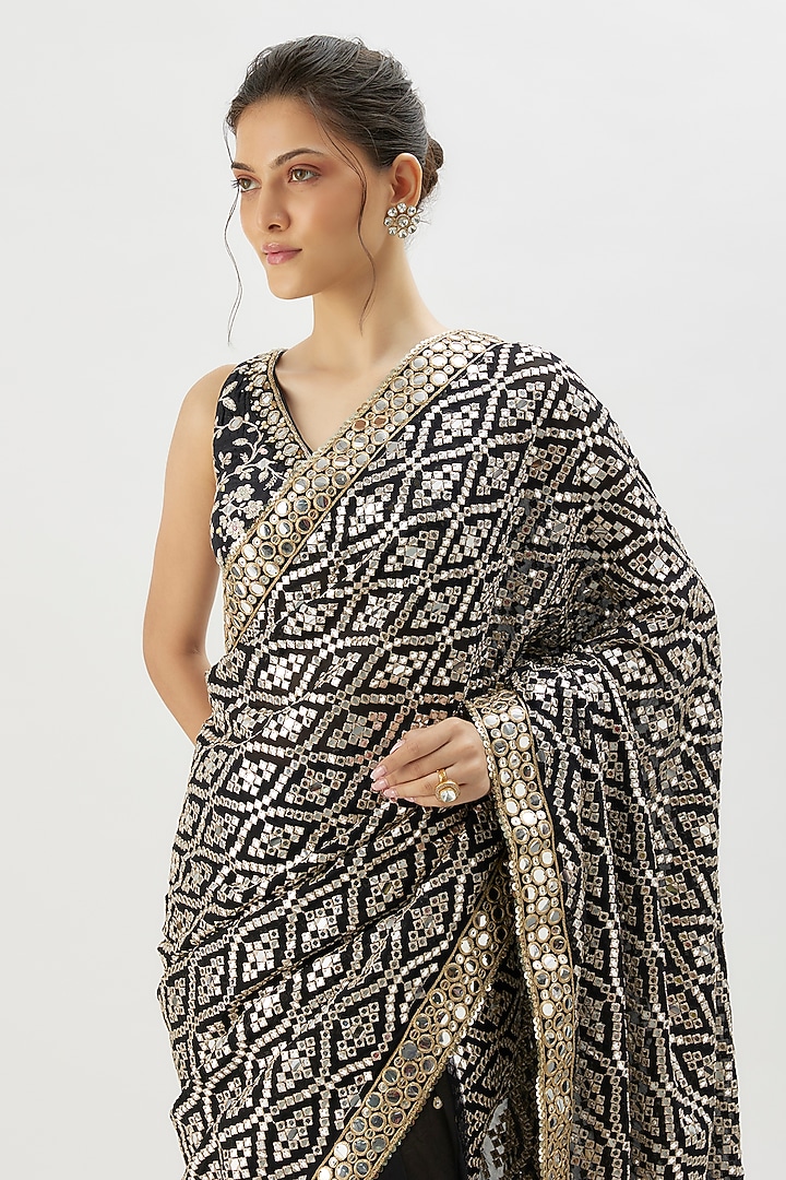 Black Net Mirror Embellished Wedding Saree Set by GOPI VAID at Pernia's Pop Up Shop