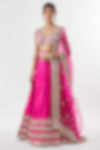 Pink Tussar Mirror Embroidered Wedding Lehenga Set by GOPI VAID at Pernia's Pop Up Shop
