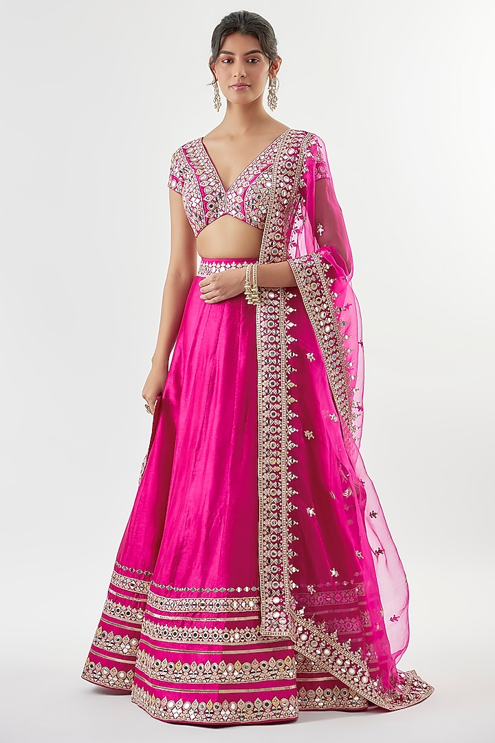 Pink Tussar Mirror Embroidered Wedding Lehenga Set by GOPI VAID at Pernia's Pop Up Shop