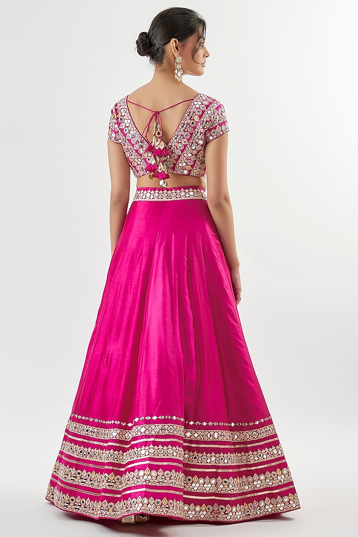 Pink Tussar Mirror Embroidered Wedding Lehenga Set by GOPI VAID at Pernia's Pop Up Shop