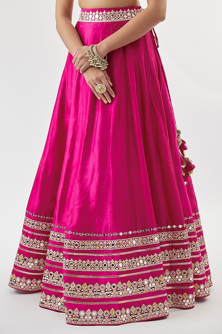 Pink Tussar Mirror Embroidered Wedding Lehenga Set by GOPI VAID at Pernia's Pop Up Shop