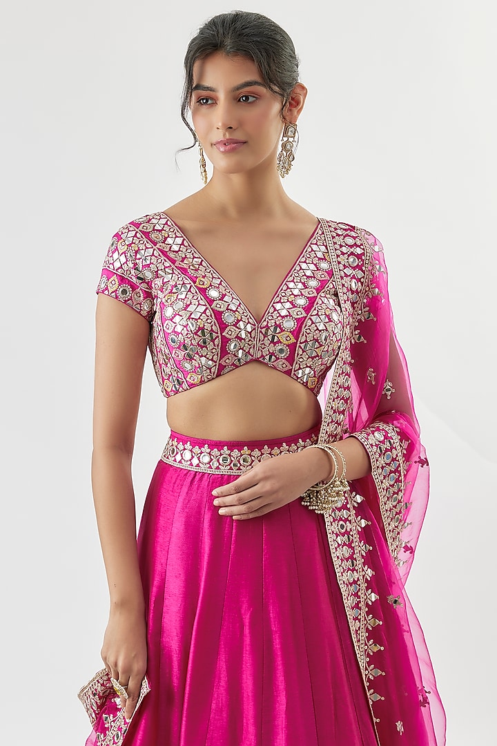 Pink Tussar Mirror Embroidered Wedding Lehenga Set by GOPI VAID at Pernia's Pop Up Shop