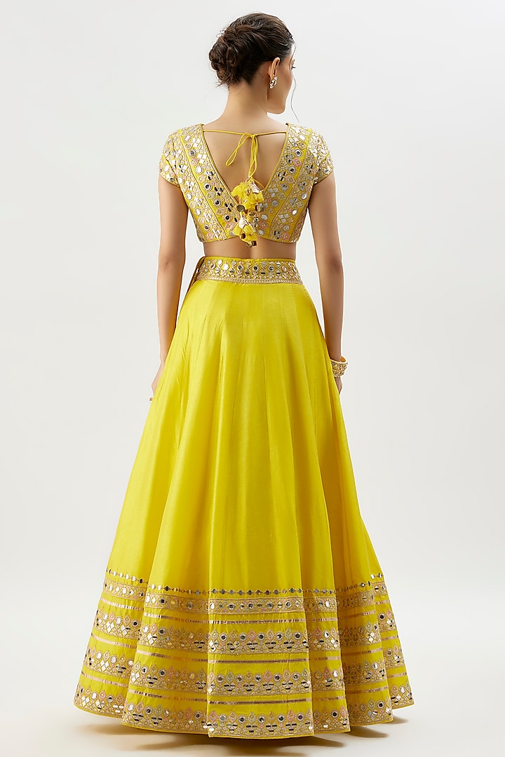 Yellow Tussar Mirror Embroidered Wedding Lehenga Set by GOPI VAID at Pernia's Pop Up Shop