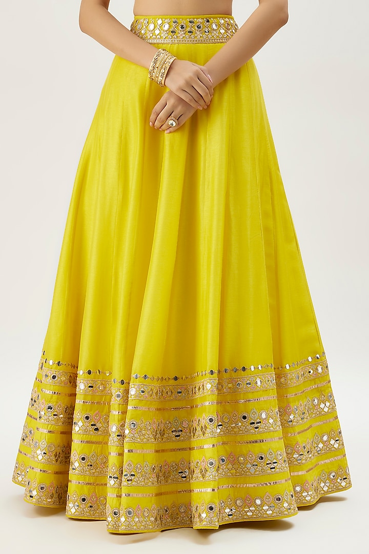 Yellow Tussar Mirror Embroidered Wedding Lehenga Set by GOPI VAID at Pernia's Pop Up Shop