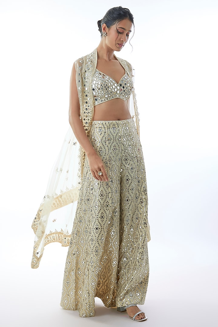 Ivory Organza Embroidered Cape Set by Gopi Vaid at Pernia's Pop Up Shop