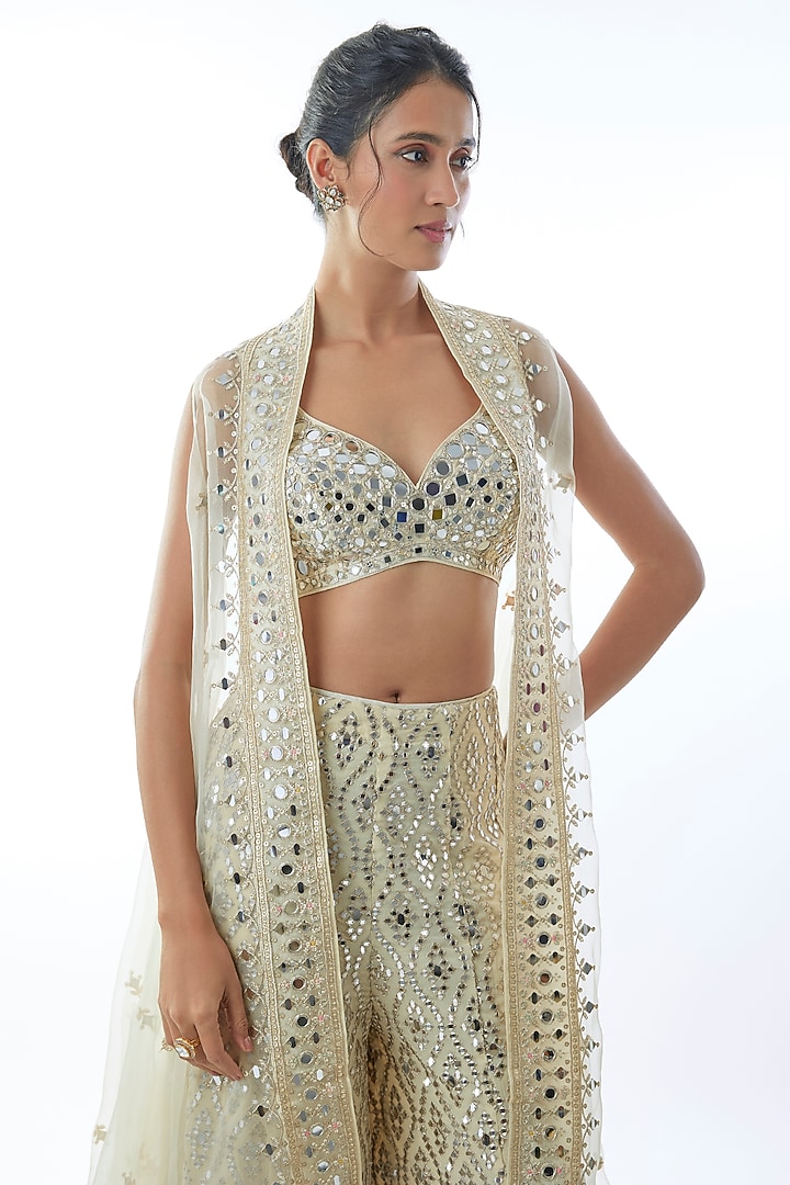 Ivory Organza Embroidered Cape Set by Gopi Vaid at Pernia's Pop Up Shop