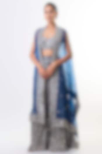 Electric Blue Tussar Embroidered High-Waist Flared Pant Set by GOPI VAID at Pernia's Pop Up Shop