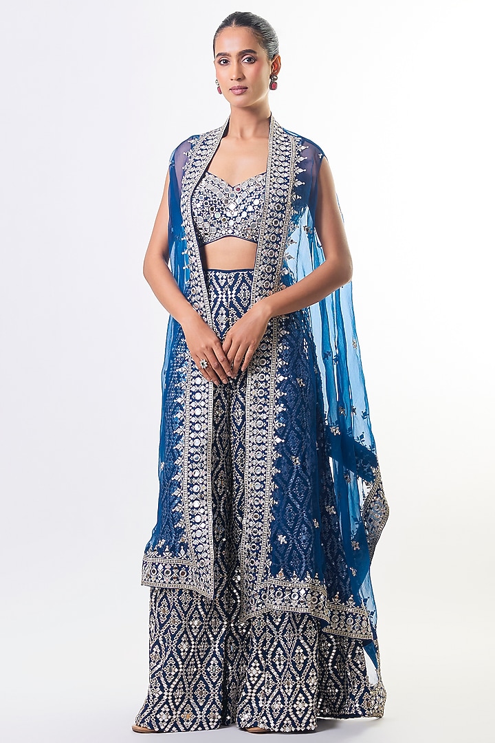 Electric Blue Tussar Embroidered High-Waist Flared Pant Set by GOPI VAID at Pernia's Pop Up Shop