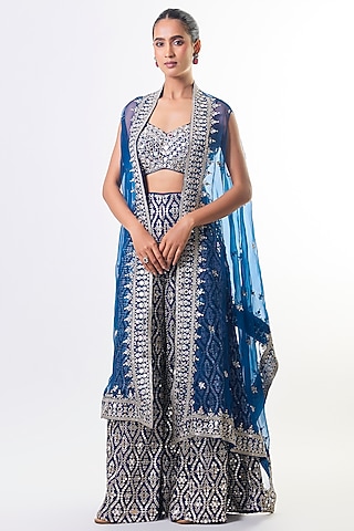 Electric Blue Tussar Embroidered High-Waist Flared Pant Set by GOPI VAID