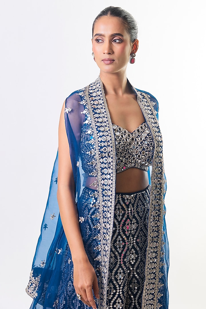 Electric Blue Tussar Embroidered High-Waist Flared Pant Set by GOPI VAID at Pernia's Pop Up Shop
