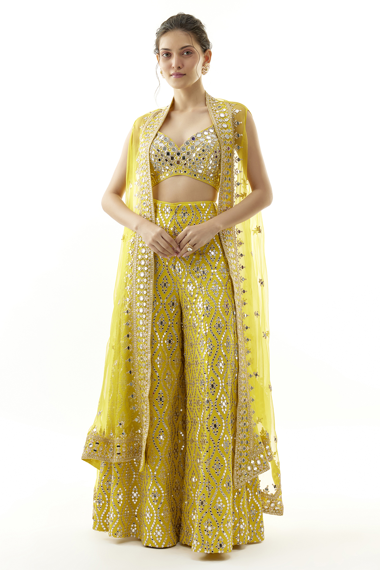 Yellow Net Mirror Embroidered Cape Set by Gopi Vaid at Pernia's Pop Up Shop