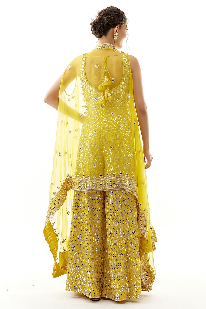 Yellow Net Mirror Embroidered Cape Set by Gopi Vaid at Pernia's Pop Up Shop