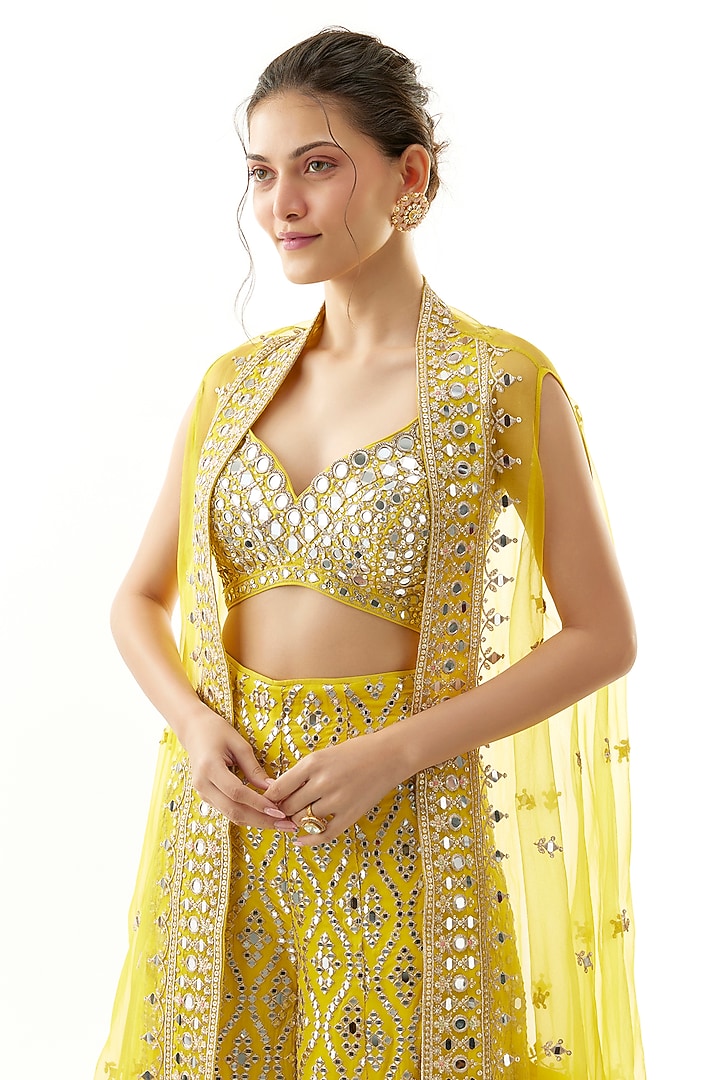 Yellow Net Mirror Embroidered Cape Set by Gopi Vaid at Pernia's Pop Up Shop