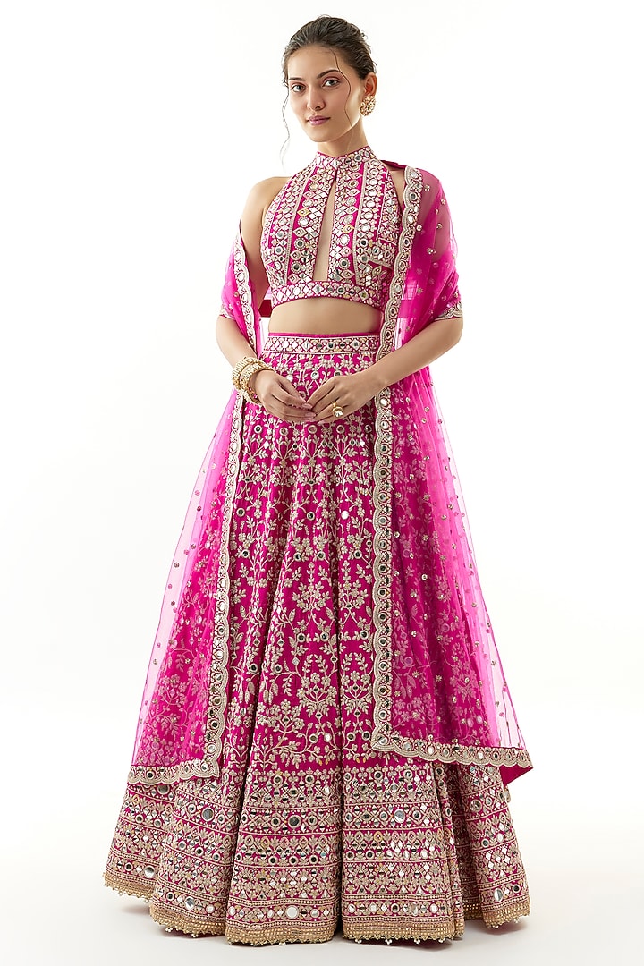 Pink Tussar Mirror & Thread Embroidered Wedding Lehenga Set by Gopi Vaid at Pernia's Pop Up Shop