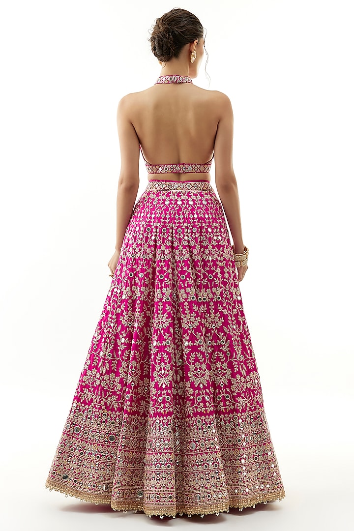 Pink Tussar Mirror & Thread Embroidered Wedding Lehenga Set by Gopi Vaid at Pernia's Pop Up Shop